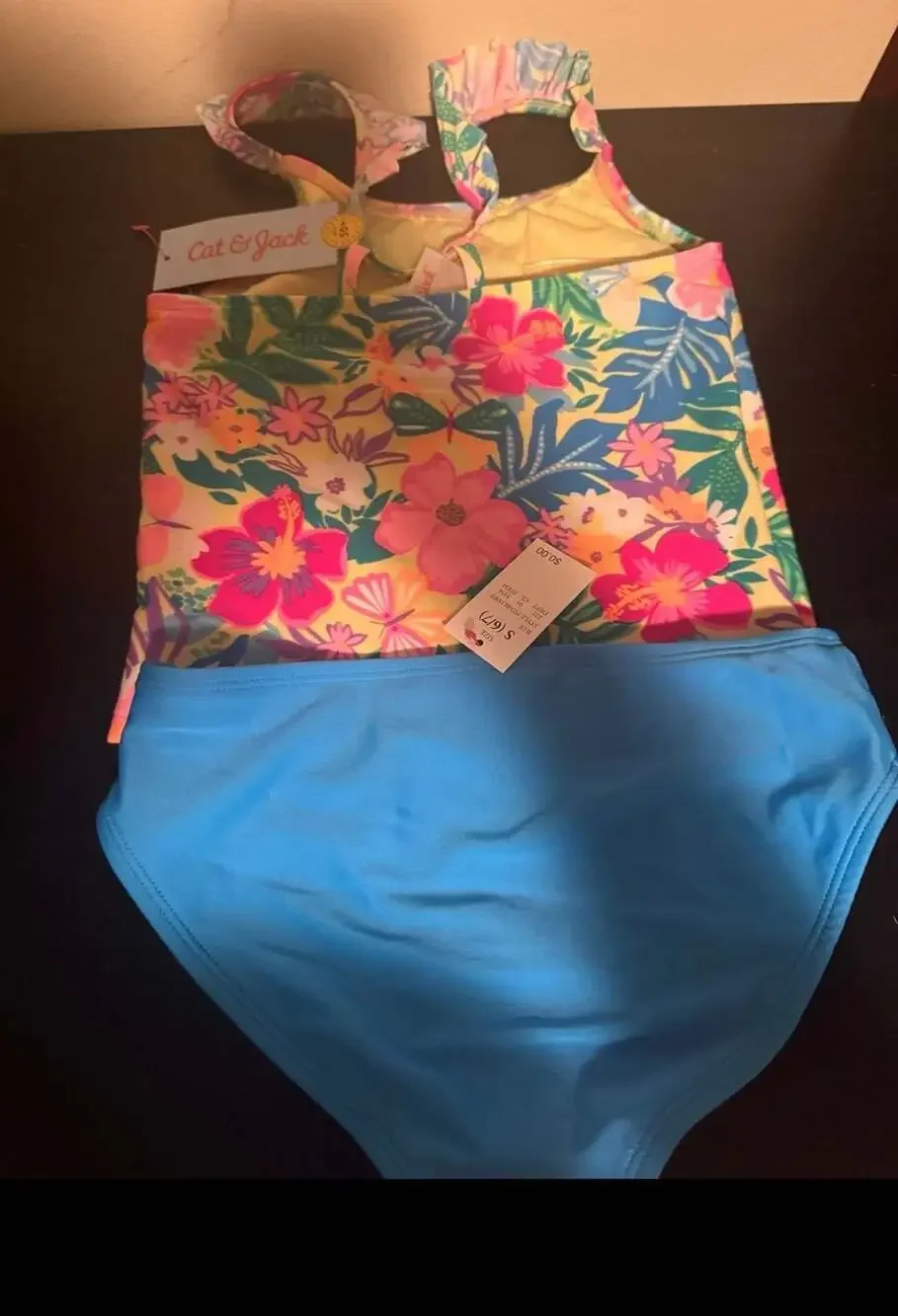 Cat & Jack Girls' Tankini Swimsuit Set, Tropical Floral Print - Picture 3 of 4